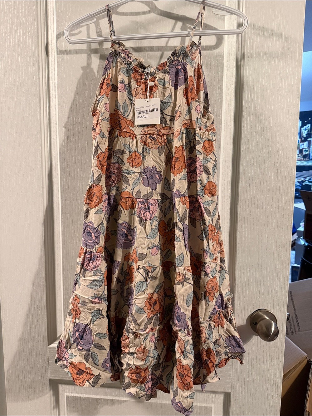 Floral Tiered Sundress in Cream with Orange & Purple Blooms